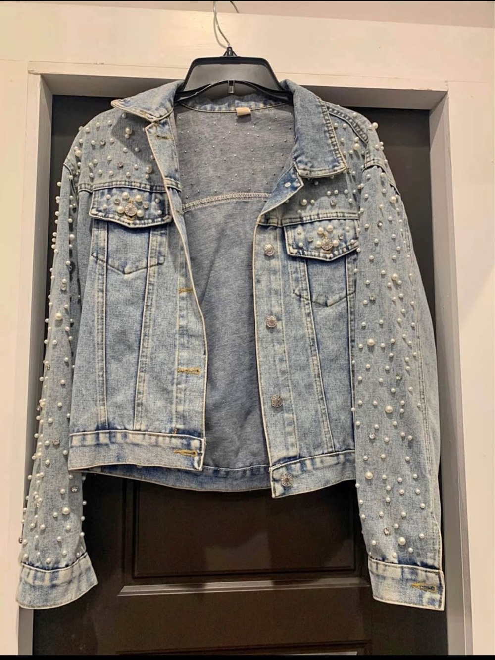 Pearl-Embellished Light Wash Denim Jacket - Women